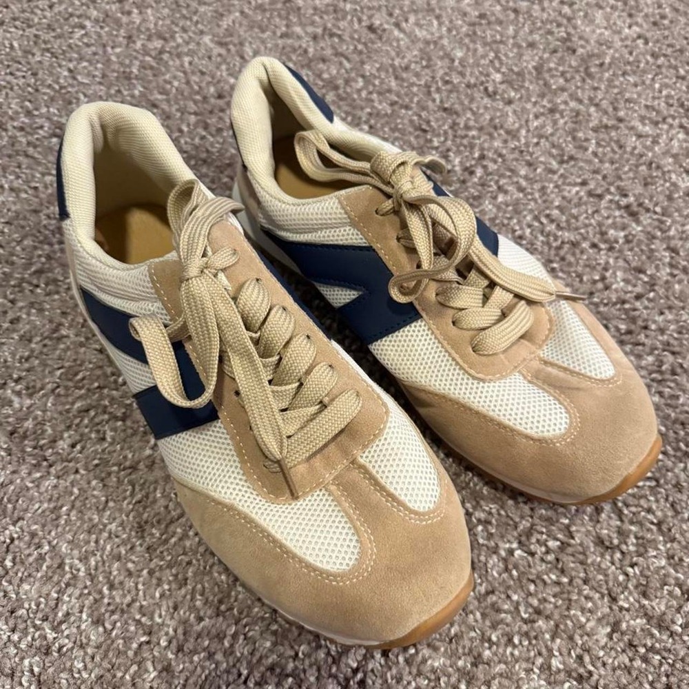 Beige Navy Retro Sneakers Women's 9 Suede Mesh Y2K
